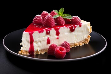 a piece of cheesecake with raspberries and mint on a black plate