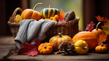 Warm Autumn Arrangement with Pumpkins and Knitted Blanket