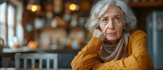 Portrait, elderly and woman sitting at table. Retirement, senior and mental health concept in the living room. Old, thoughtful and looking. kitchen background for mental health and reminiscing about - obrazy, fototapety, plakaty
