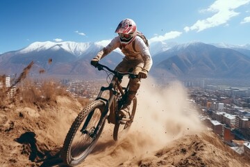 cyclist in a helmet on a downhill bike ride jumps into the air in winter