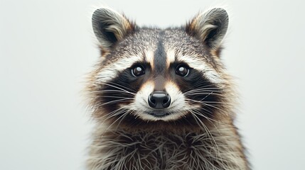 A whimsical happy raccoon laughing, full body on a white background. Close up of a raccoon facing a...