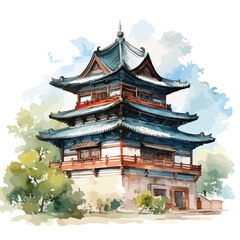 Watercolor Ancient Chinese Building 