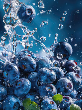 close up of blueberries with water splashes, high speed photography