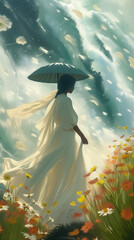 A painting featuring a woman standing while holding an umbrella