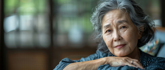 Portrait thinking and senior Asian woman in retirement home, reflection and remembering past life. Elderly, relax and contemplating future or memory, nostalgia and wellness in apartment or dreaming - obrazy, fototapety, plakaty