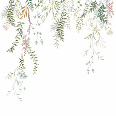 Mural with leaves and flowers. Delicate watercolor vines and flowers, birds on the branches. Watercolor fresco