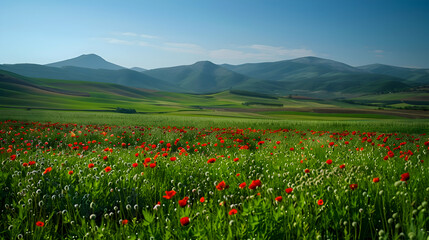 A panoramic view of a lush green countryside dotted with colorful wildflowers, heralding the arrival of spring