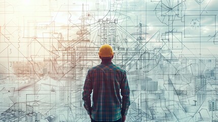 A civil engineer designing the bridges of tomorrow framed against a backdrop of architectural blueprints in a detailed line art style
