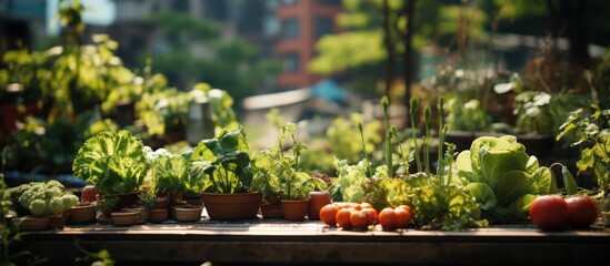 urban garden growing plants herbs spices vegetables and flowers in the city - obrazy, fototapety, plakaty