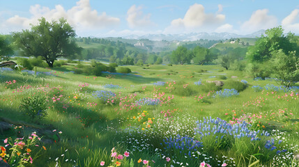 A panoramic view of a lush green countryside dotted with colorful wildflowers, heralding the arrival of spring - obrazy, fototapety, plakaty