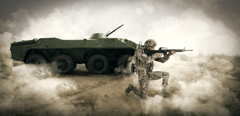 Armed soldier in smoke near armored fighting vehicle outdoors. Banner design