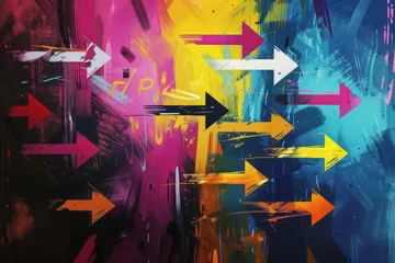 Fotobehang Artistic rendering of colorful arrows pointing in various directions, symbolizing choices and decision-making complexity. Digital painting. © Lucija