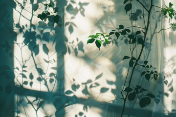 Botanical Plants Window Shadow on Sunlit Wall, Natural Light Leak Photography
