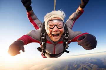 Elderly asian man skydiving sky diving