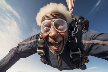 Elderly black man skydiving sky diving