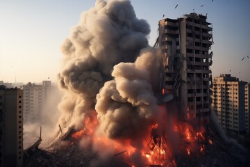 Residential high rise apartment building being bombed in war - obrazy, fototapety, plakaty