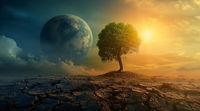 Lush and dry planet with tree. Concept of change climate