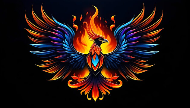 A phoenix bird logo with a red and blue color split and a black background