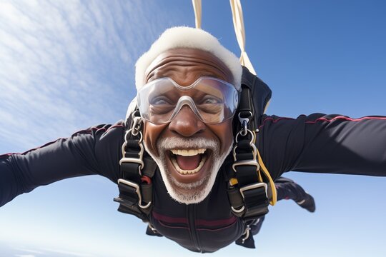 Elderly black man skydiving sky diving
