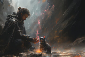 Man wearing cloak sitting next to cat hidden under his cloak in cave - obrazy, fototapety, plakaty