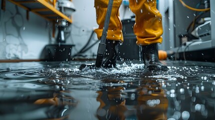 Mopping up water in flooded electric room with blurred cables Water damage from rain snow or burst pipe. Concept Water Damage, Flooding Emergency, Electrical Hazards, Disaster Cleanup - obrazy, fototapety, plakaty