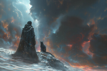 Man in cloak stands atop rock in the vast ocean with clouds around him