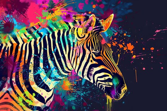 Colorful abstract zebra art, vibrant splattered paint background, digital illustration