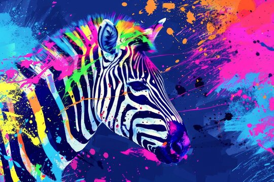 Colorful abstract zebra art, vibrant splattered paint background, digital illustration