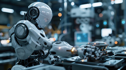 Industrial robots are welding test run program in car factory