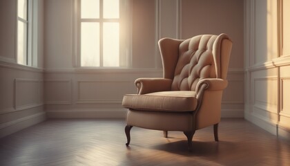 Classic English armchair on the background of an empty wall. Sunset light on the wall