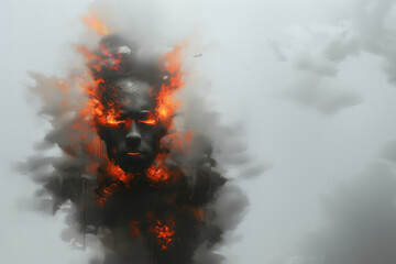 Digital painting silhouette of man with fire emanating from his face in stylized artistic interpretation
