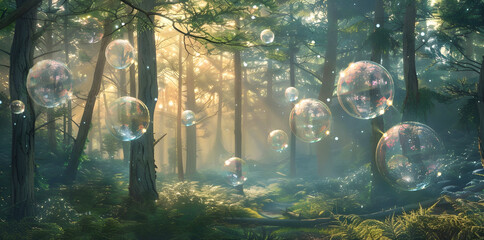 Floating light orbs and fantasy  woodland - beautiful sunlit forest scene with orange sun rays and large floating transparent bubbles ideal for a fantasy spiritual theme and copy space for text
- 763327957