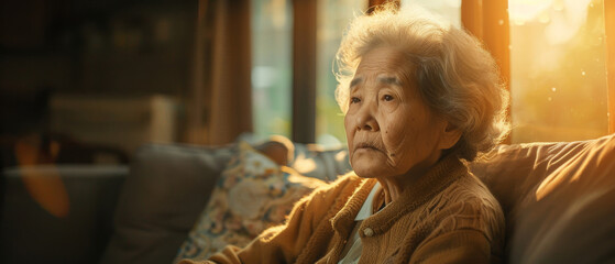 Thinking, depressed and senior Asian woman in retirement home, reflection and remembering past life. Elderly, pensioner and contemplating future or memory, nostalgia with warm sunset background - obrazy, fototapety, plakaty