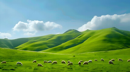 A peaceful countryside scene with rolling green hills dotted with grazing sheep and a clear blue...