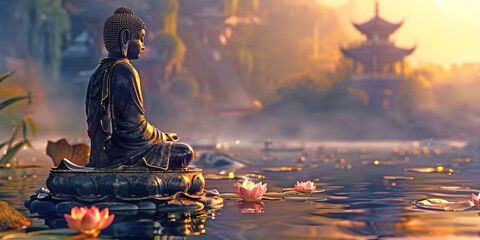 Stone statue of Buddha  meditating sitting surrounded by a water lily lake looking out across a misty golden lit evening towards a temple in the background and space for copy
- 763328165