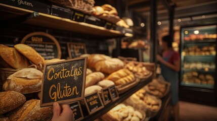 Bakery with bread, products containing gluten, baked goods, a problem for people with food allergies, food intolerance, gluten intolerance, carb restriction, ketogenic diet, low-carb diet, grain aller