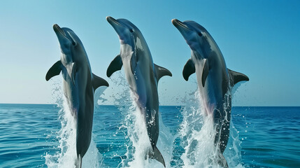 Group of dolphins leaping joyfully in the ocean, freedom and grace, celebrating the wonders of marine life on World Ocean Day
