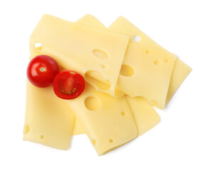 Slices of tasty fresh cheese and tomatoes isolated on white, top view