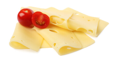 Slices of tasty fresh cheese and tomatoes isolated on white