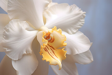 White orchid closeup photo, pastel background, macro photography.