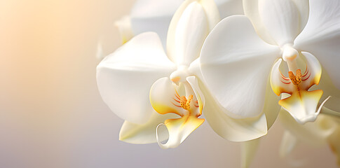Fototapeta na wymiar White orchid closeup photo, pastel background, macro photography.