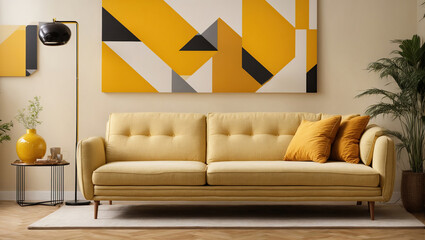 yellow sofa against a Fascination wall