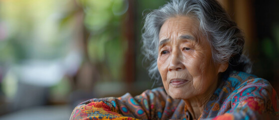 Thinking, depressed and senior Asian woman in retirement home, reflection and remembering past life. Elderly, pensioner and contemplating future or memory, nostalgia with blurred apartment background - obrazy, fototapety, plakaty