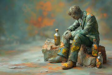 Statue of drooping man sitting on stump with bottles around - obrazy, fototapety, plakaty