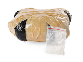 Packages with narcotics isolated on white. Drug addiction - obrazy, fototapety, plakaty