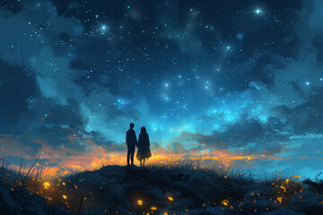 Two people standing on hill under starry night sky