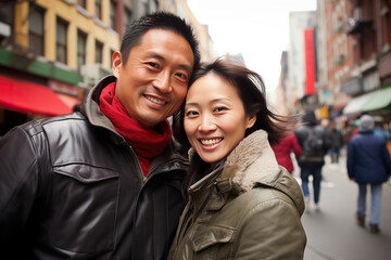 Beautiful Couple Chinese Asian Man Woman talking head shoulders shot bokeh out of focus background on a cosmopolitan western street vox pop website review or questionnaire candid photo - obrazy, fototapety, plakaty
