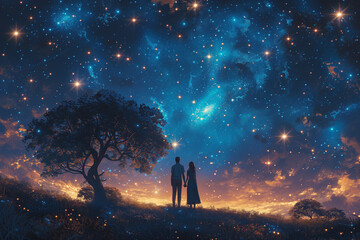 Couple standing under tree under night sky