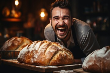A hipster artisanal baker passionately kneading sourdough in a warm, rustic kitchen, embodying the essence of traditional, handcrafted bread making. - obrazy, fototapety, plakaty
