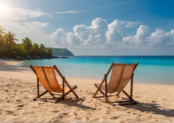 Beautiful beach. Chairs on the sandy beach near the sea. Summer holiday and vacation concept for...